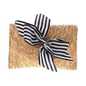 Peachy Pendants Vineyard Straw Clutch Navy & White Stripe Bow Magnetic Snap